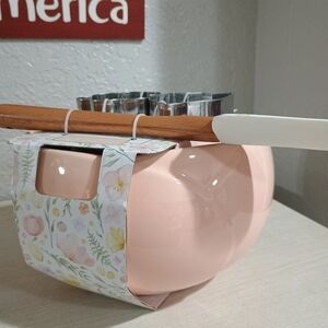 Pink Mixing Bowl Set with Wooden Utensils